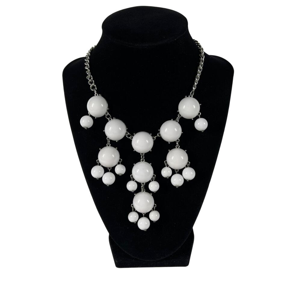 White Beaded Bib Necklace Womens Silver Tone Chain Modern Statement Chunky